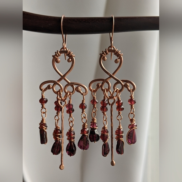Handmade Garnet Chandelier Earrings Romantic Copper Jewelry - Picture 4 of 13